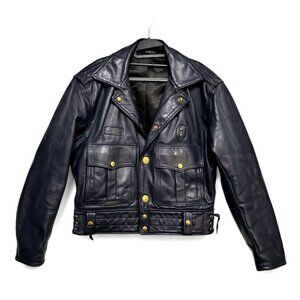 LANGLITZ Leather Jacket Classic Blue Police Motorcycle Riding Vintage 1980s